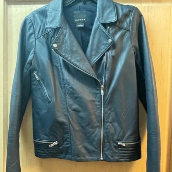 Trouve Women’s Navy Blue Soft Leather Biker Moto Jacket Size Small MSRP$328 - Picture 1 of 7
